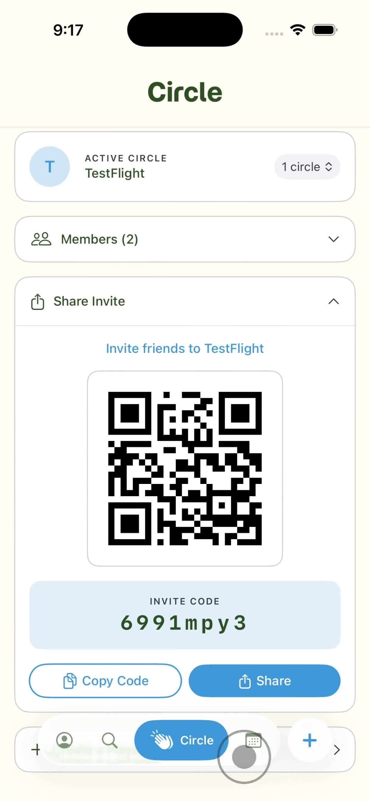 Circle invite screen